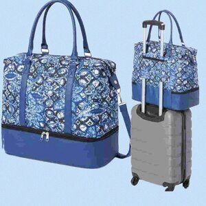 Woman Within Blue Floral Zip Compartment Shoe Storage Long Straps Large Tote Bag